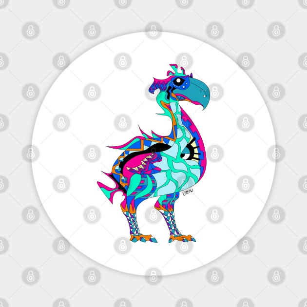 gastornis dinosaur bird in ecopop totonac tribal pattern wallpaper colors Magnet by jorge_lebeau